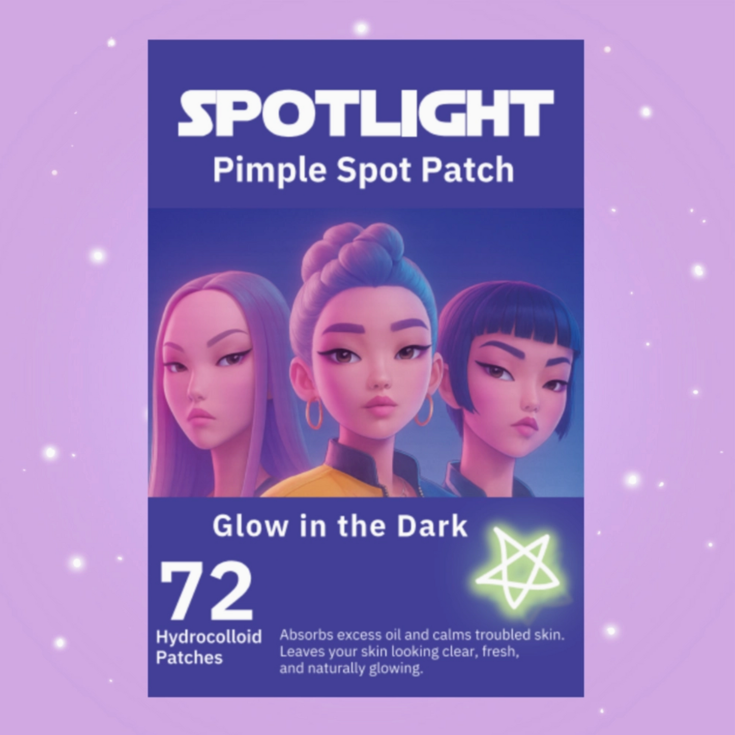 Product packaging for 'Spotlight' pimple spot patches with cartoon characters on a purple background.