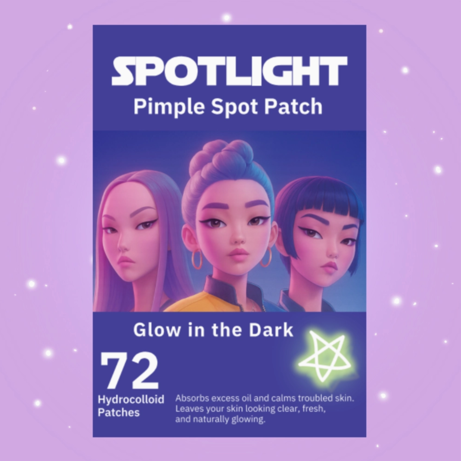 Product packaging for 'Spotlight' pimple spot patches with cartoon characters on a purple background.