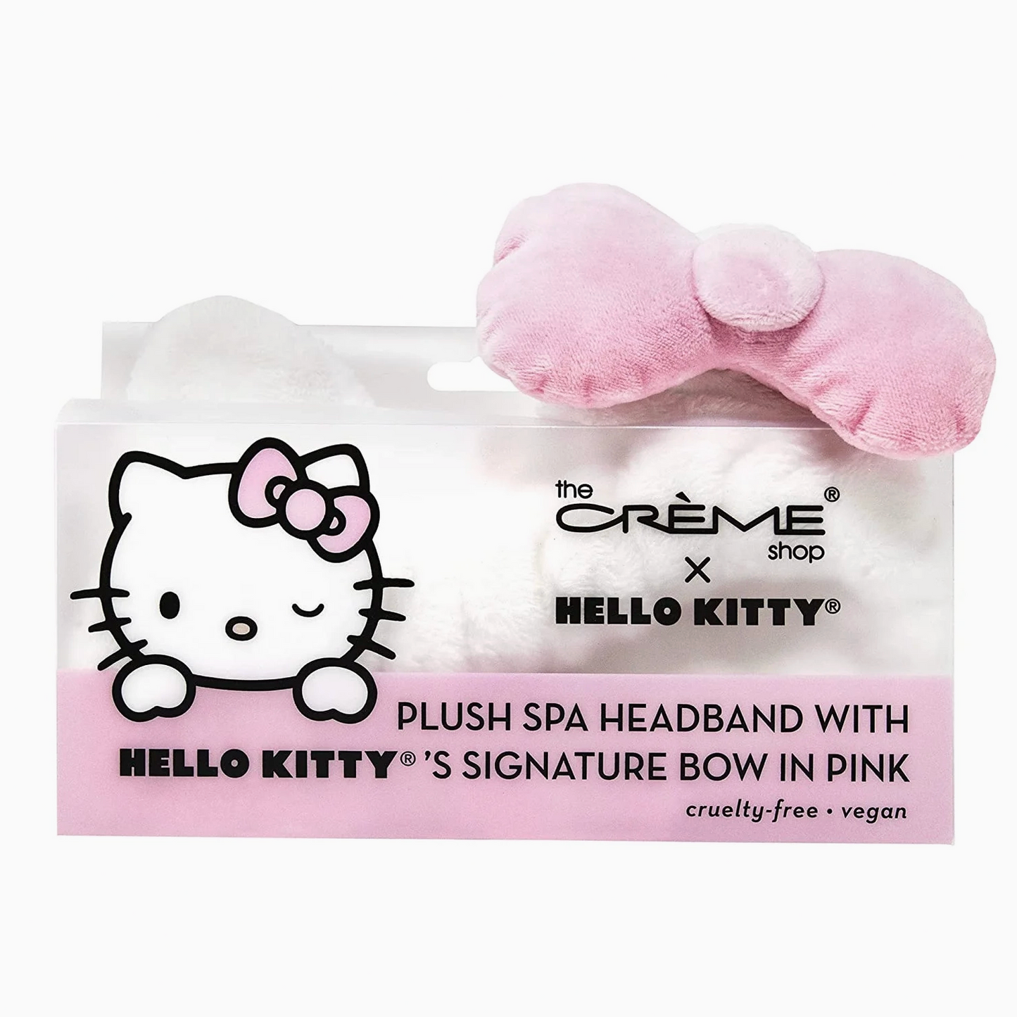 Plush spa headband with pink bow from The Crème Shop x Hello Kitty on a white background
