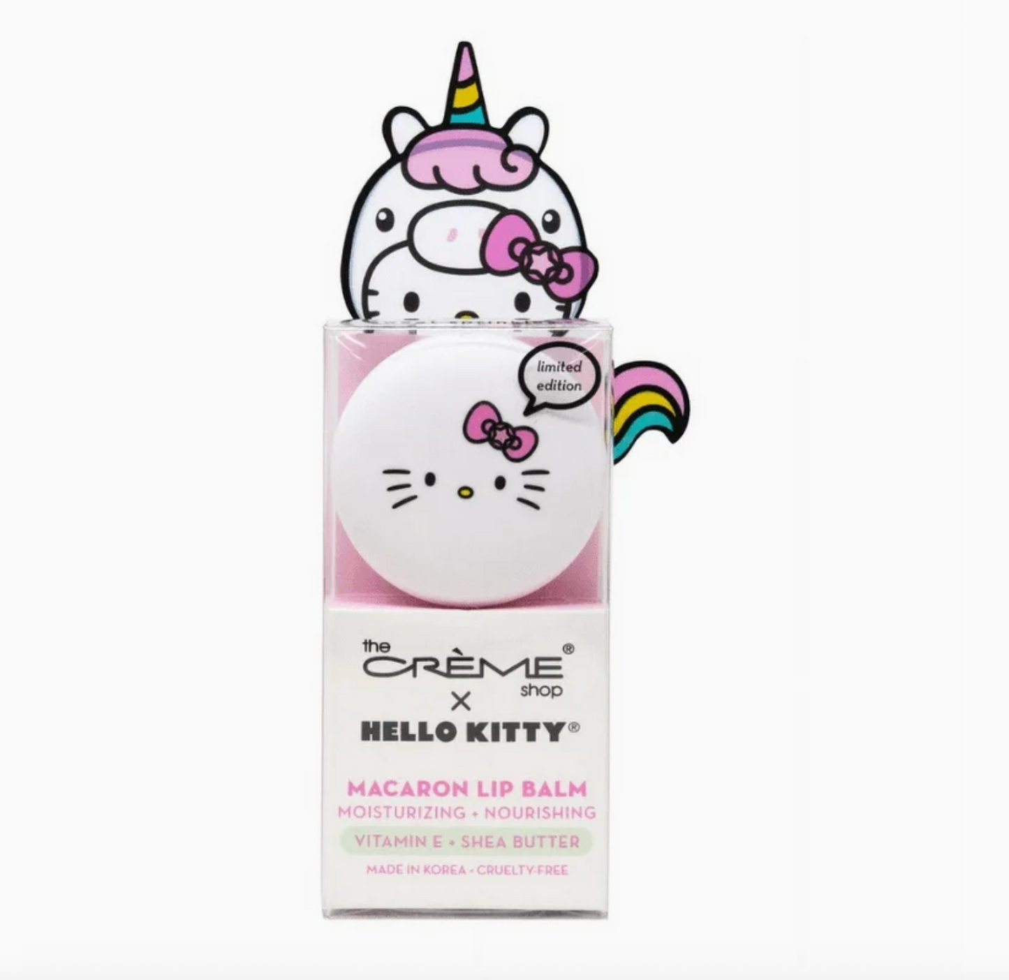 Hello Kitty macaron lip balm with packaging featuring a unicorn design on a white background