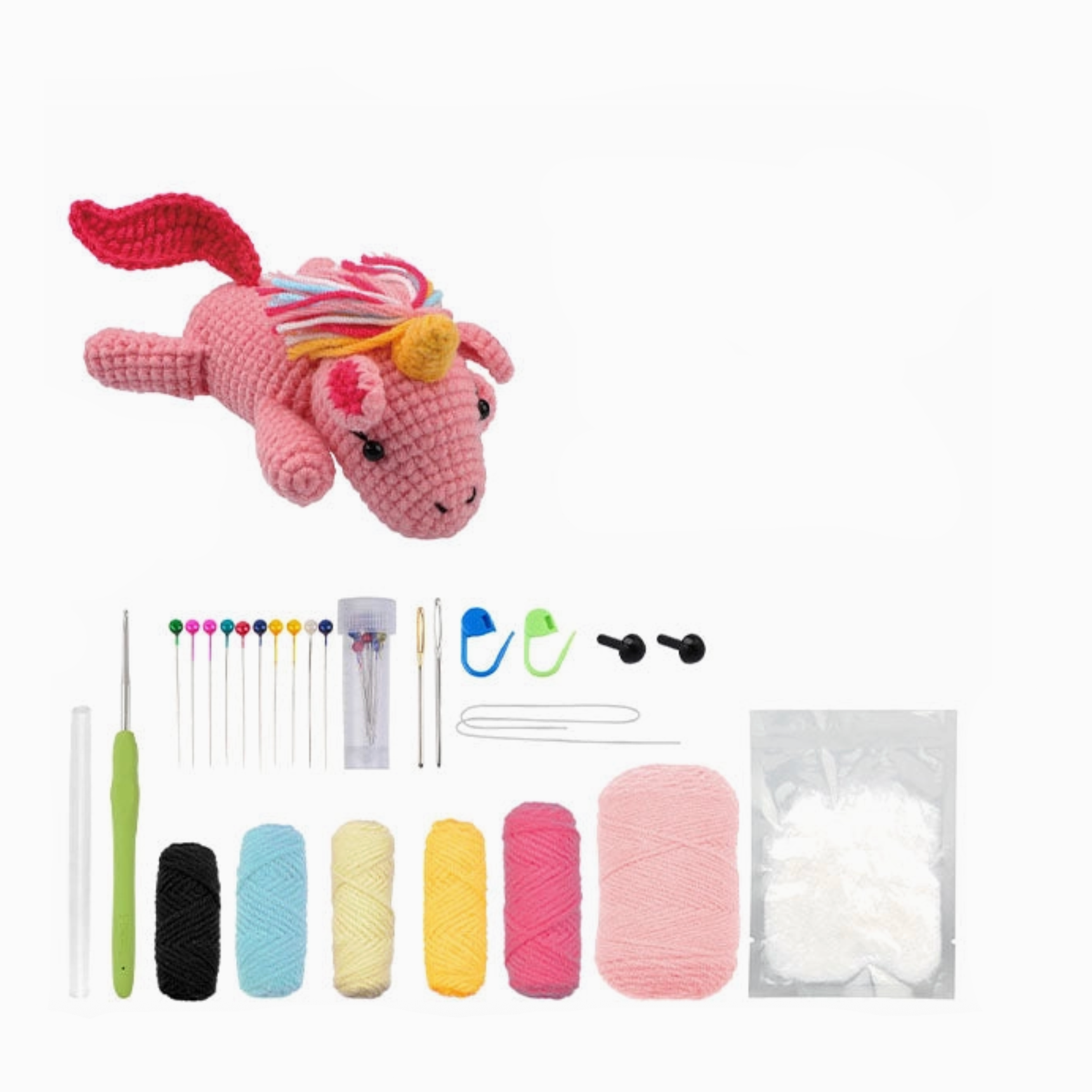 Crochet kit for making a unicorn with 'The Lolo Brigade' branding on a computer screen.