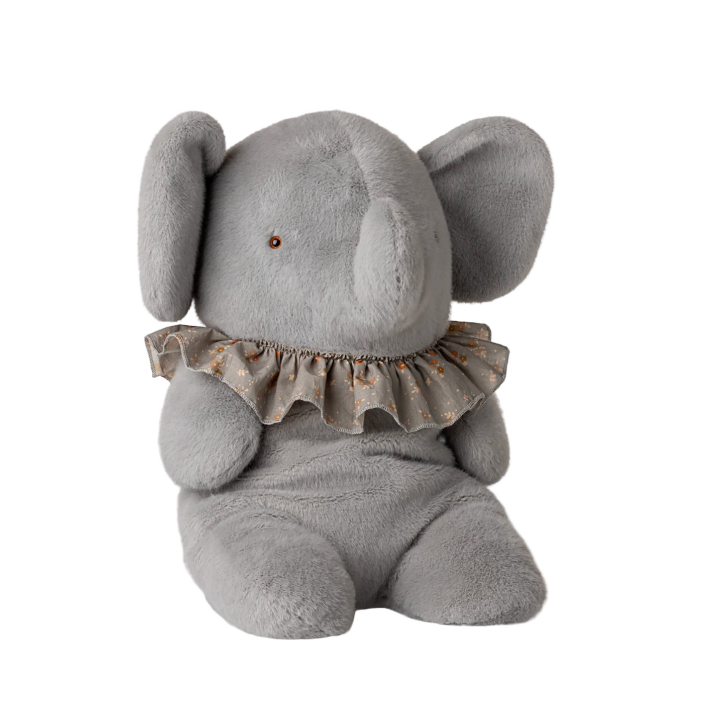 Gray plush elephant toy with a ruffled collar on a white background, featuring the Maileg brand.