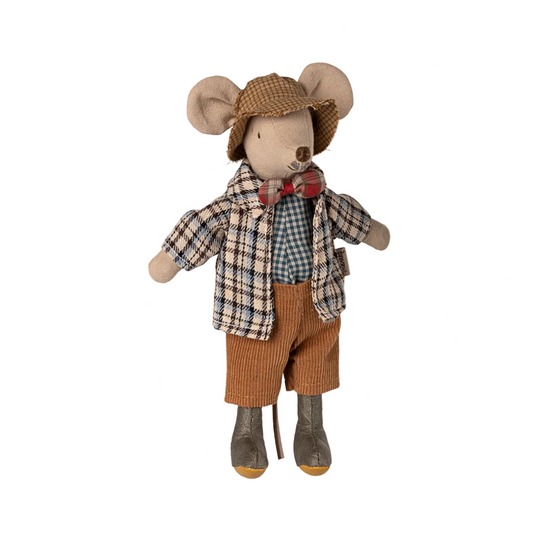 Stuffed toy mouse in a hat, plaid shirt, and brown pants on a white background