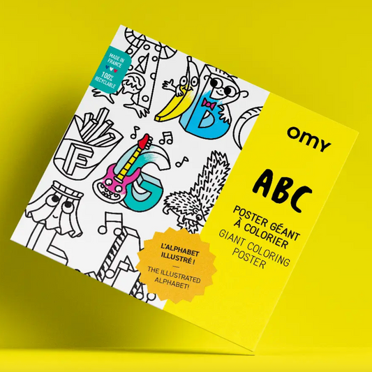 Coloring poster with black and white illustrations on a yellow background