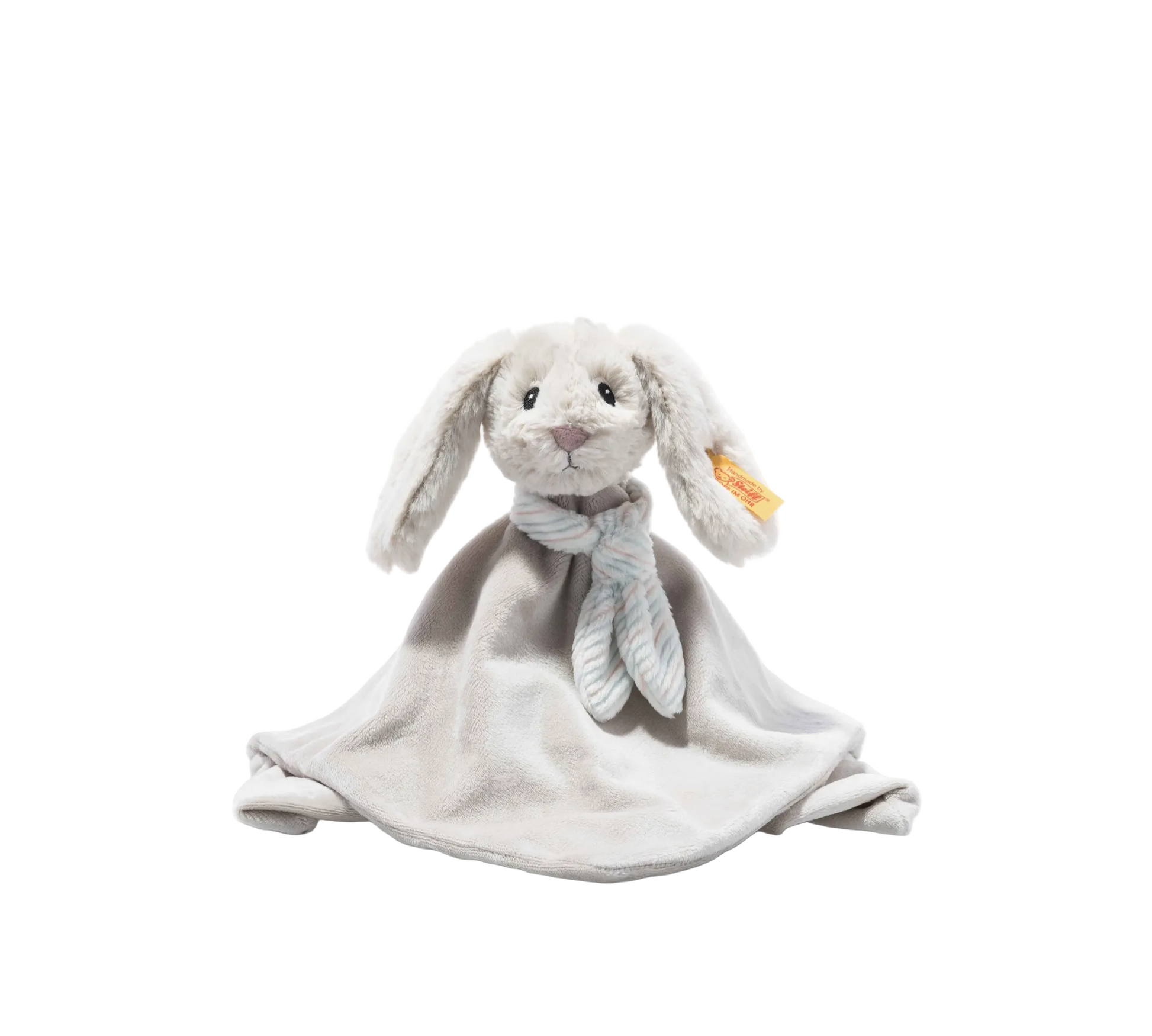 Gray plush bunny toy with a blanket on a white background
