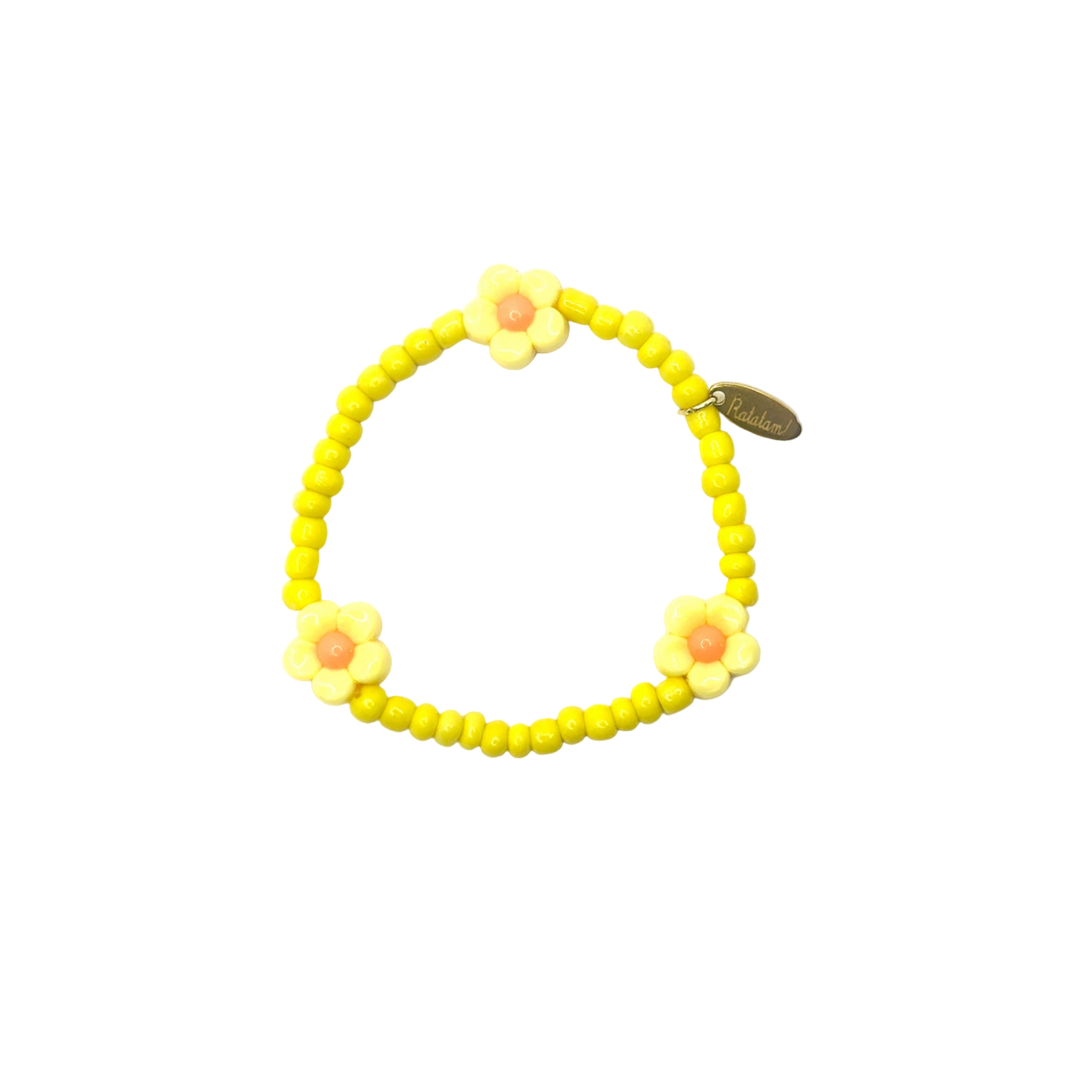 Yellow beaded bracelet with flower-shaped beads on a white background - Little-ish