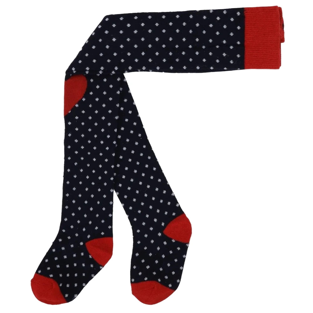 Navy tights with white polka dots and red accents on a white background — Little-ish
