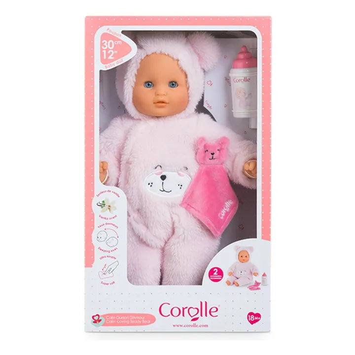Corolle doll in pink outfit with bear in packaging